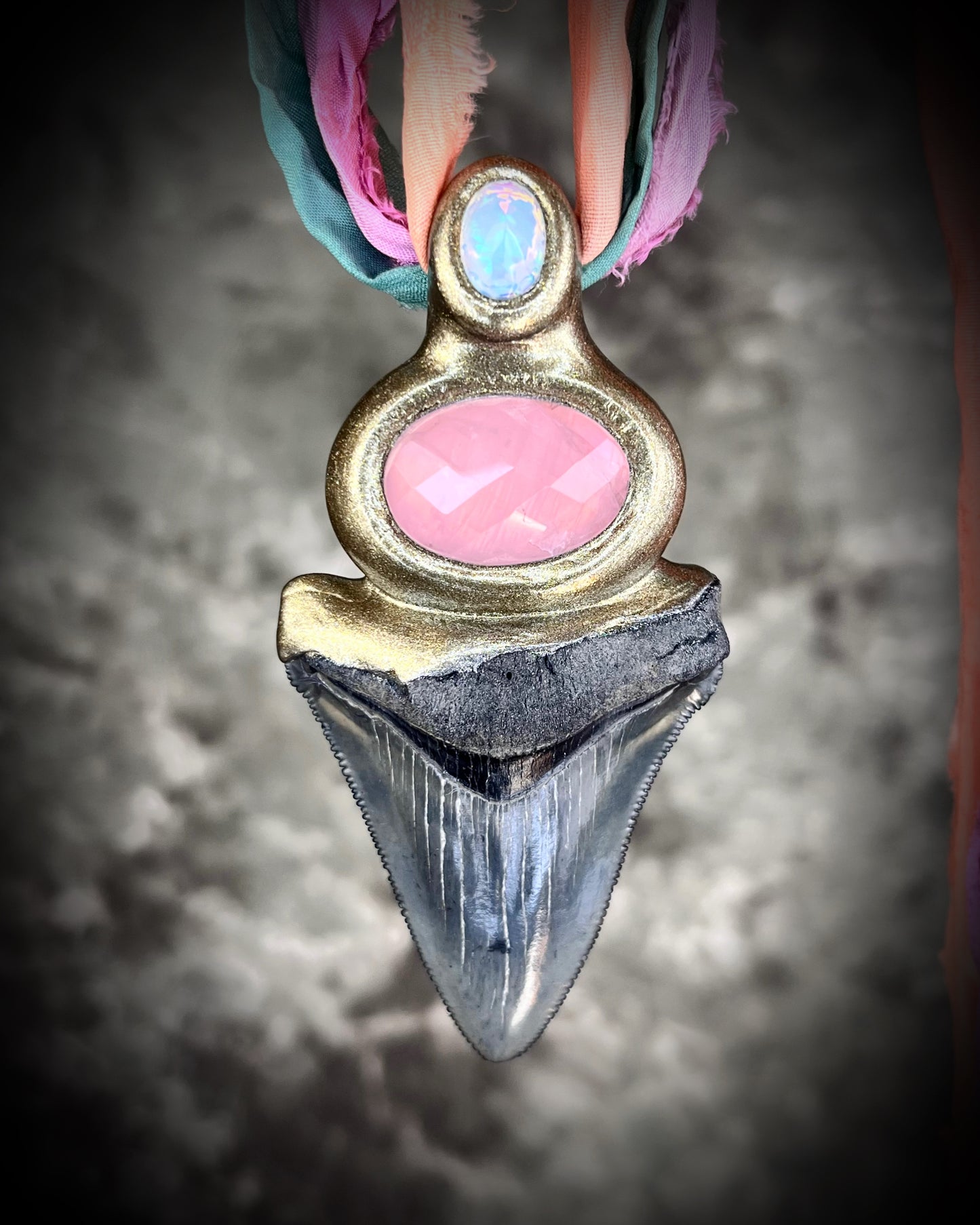 Megalodon fossil handmade necklace featuring rose quartz and a sparkling opal! Best jewelry in Baltimore, one-of-a-kind fossil and gemstone jewelry and unique gift for her!