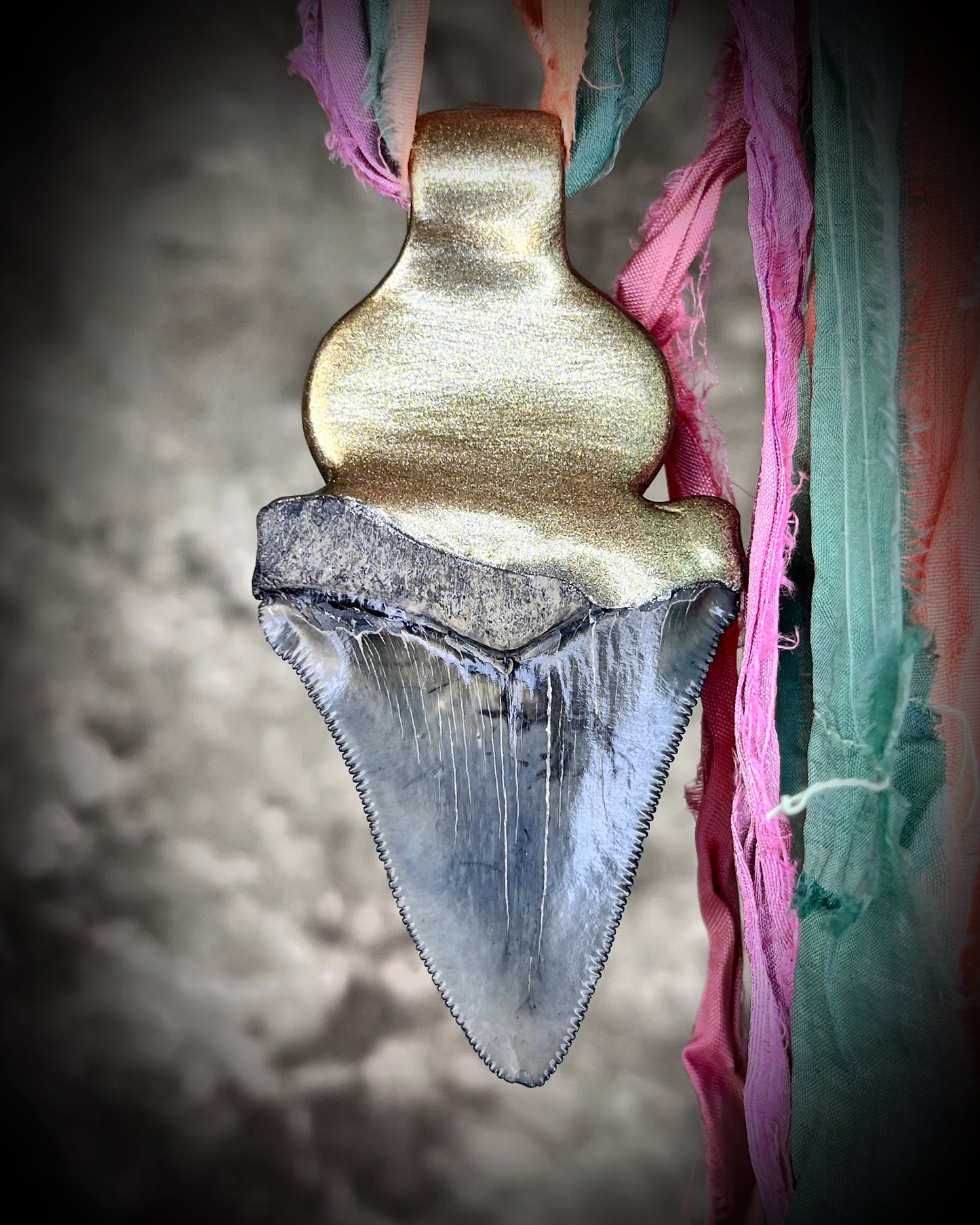 Megalodon fossil handmade necklace featuring rose quartz and a sparkling opal! Best jewelry in Baltimore, one-of-a-kind fossil and gemstone jewelry and unique gift for her on pastel recycled silks!