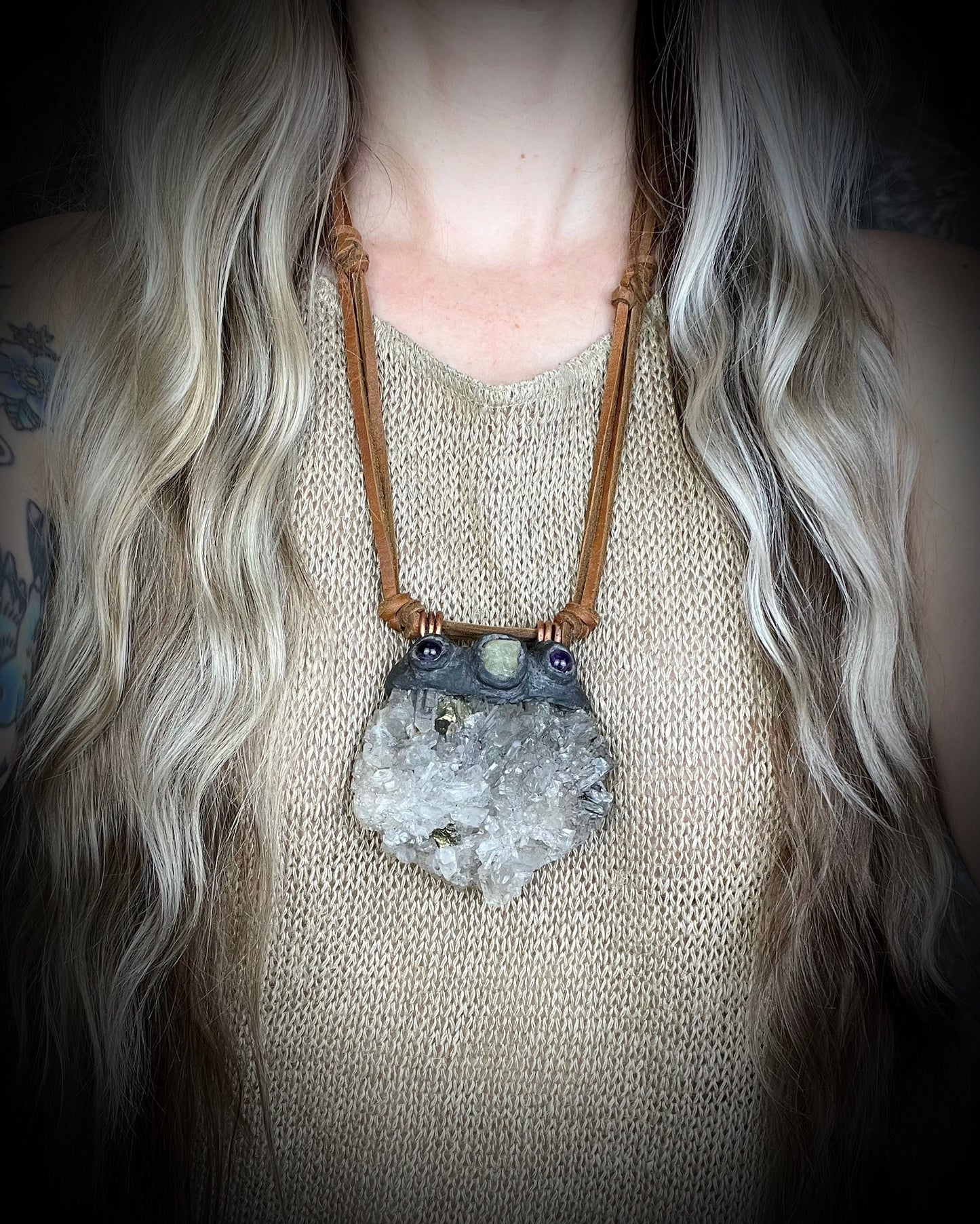 XXL Pyrite-included Quartz cluster necklace with Amethyst and Aquamarine on leather ties with amethyst crystal ends. Holiday gift for the bold! model shot