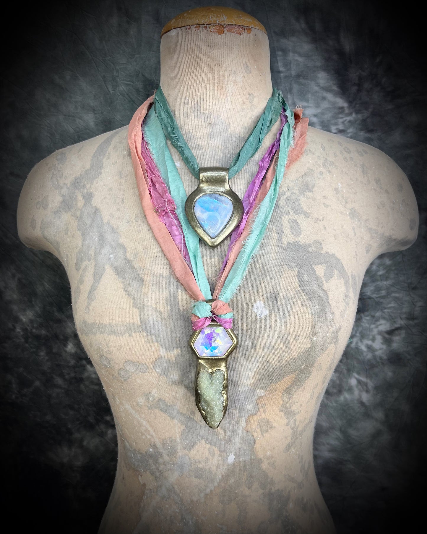 Dreamy handmade rainbow moonstone sculptural necklace in gold, hung from aqua recycled silk for an ethereal boho elegance. Perfect for summer travel, mothers day gifting, bridal shower gift or everyday magic!