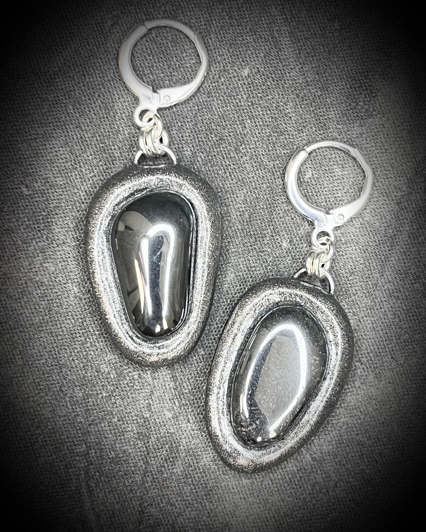 Pair of silver handmade earrings with hematite protection stones, handmade gift for her.