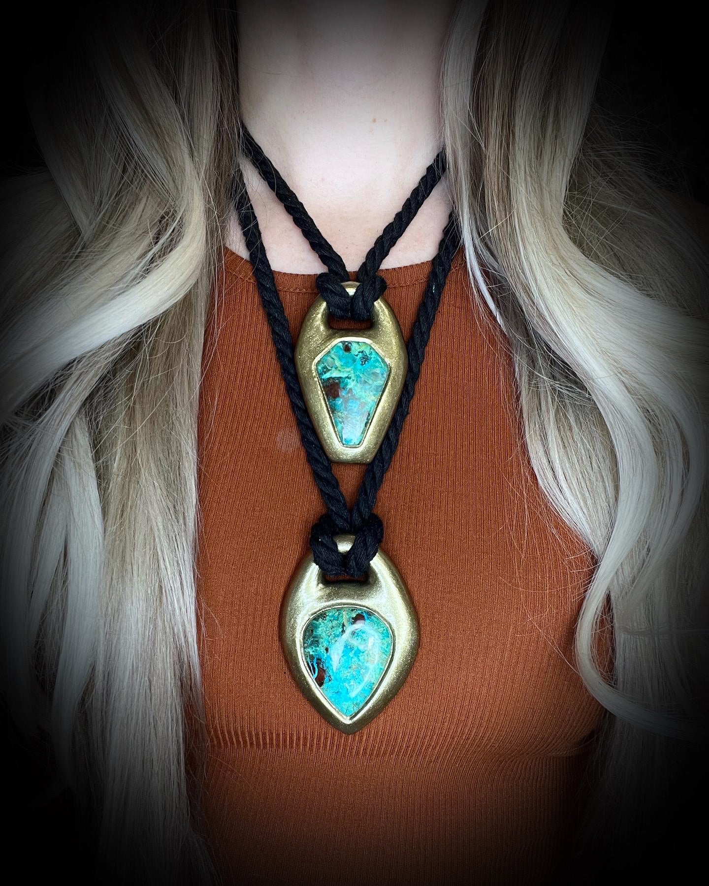 Chrysocolla Crystal Coffin Talisman in Gold on Black Leather Western Gothic Style Pendant