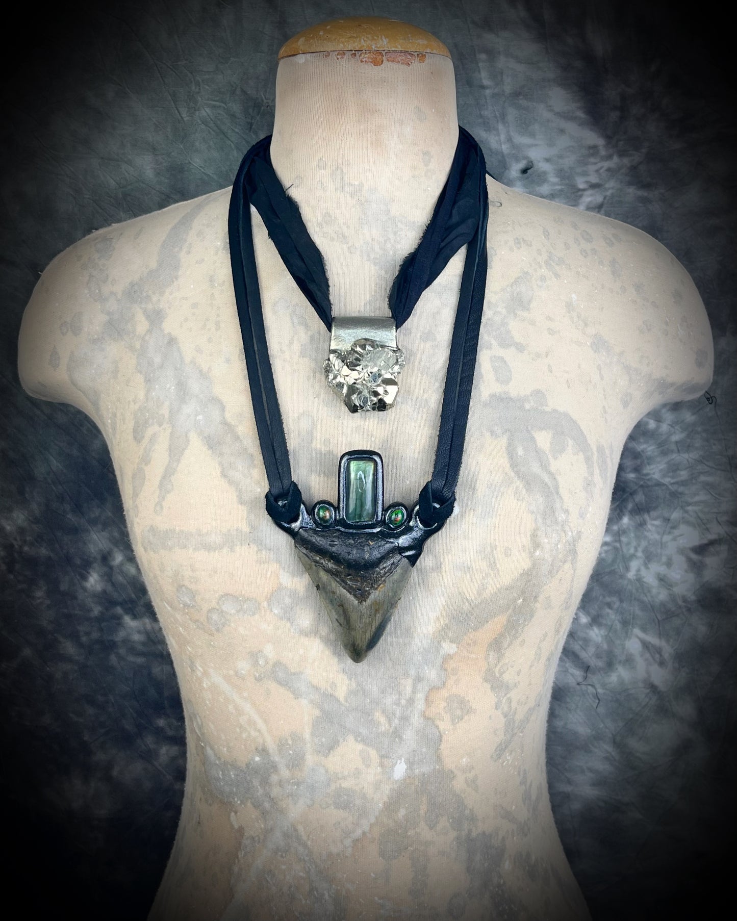 Museum level handmade genuuine Megalodon Fossil and crystal necklace with labradorite and black opals on leather. Unisex, powerful and one-of-a-kind magical jewelry.