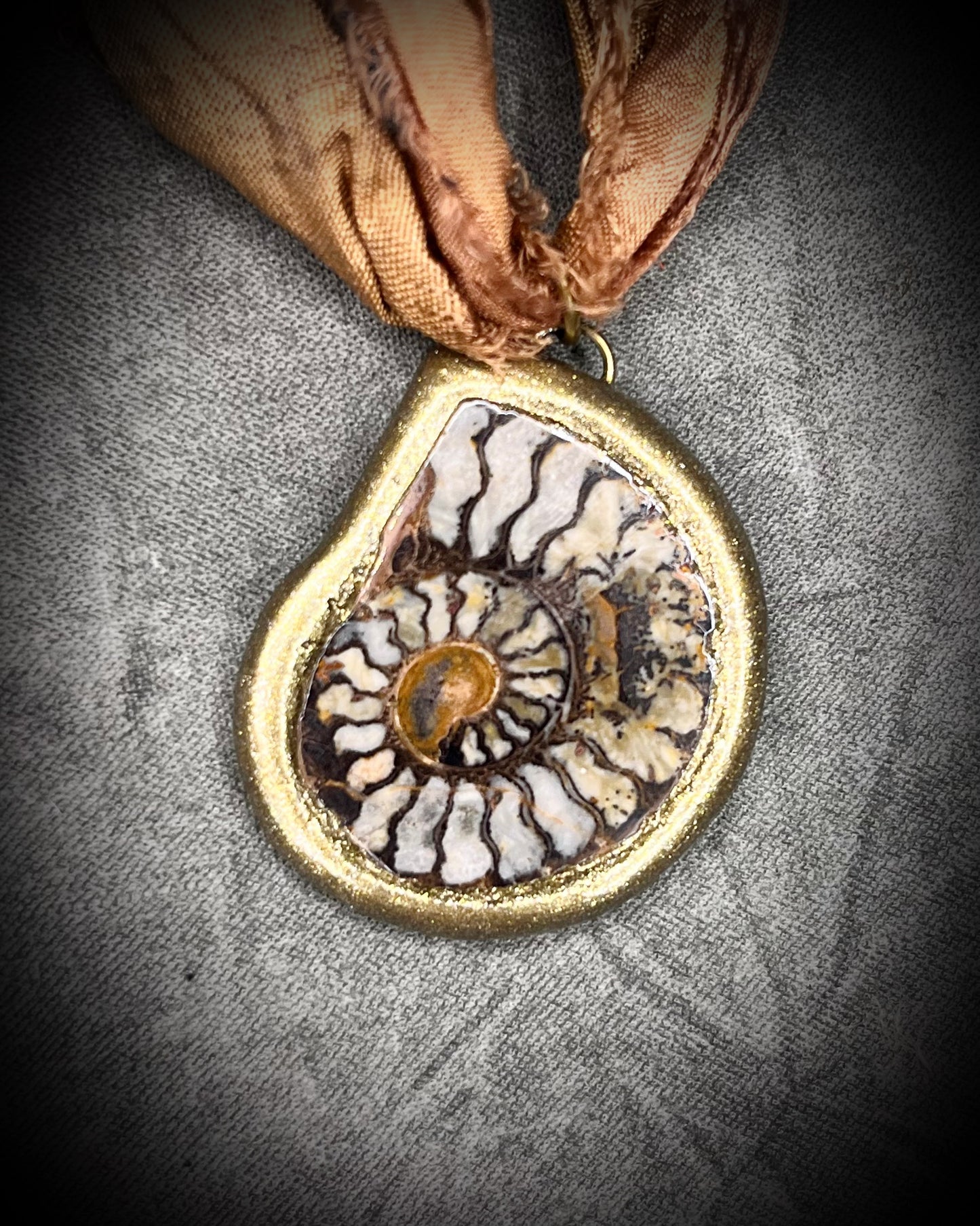 Handmade best friends fossil ammonite necklaces, matching pair ammolite charms, recycled silk sustainable festival jewelry, bag, purse, or besties charms.