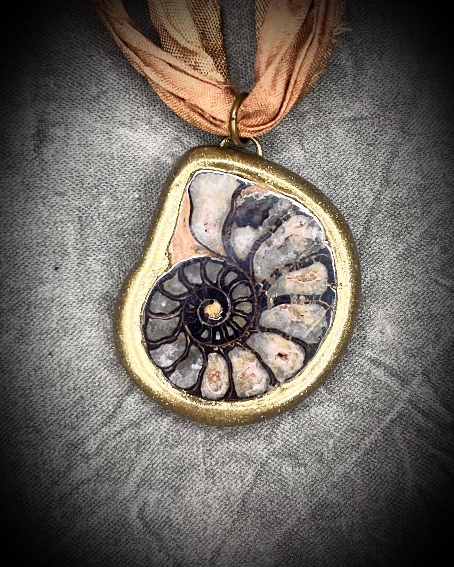 Handmade best friends fossil ammonite necklaces, matching pair ammolite charms, recycled silk sustainable festival jewelry, bag, purse, or besties charms.
