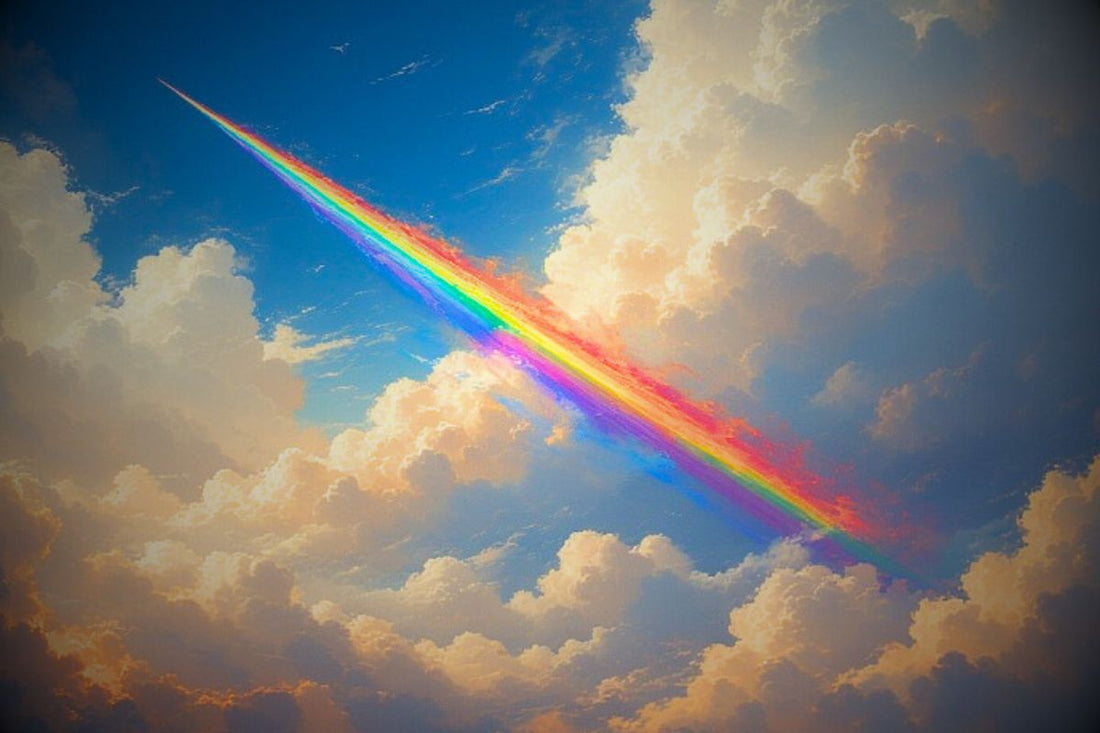 Pantone Color of the year Cloud Dancer and 10 reasons why I hate it, picture of clouds with a rainbow slash across them