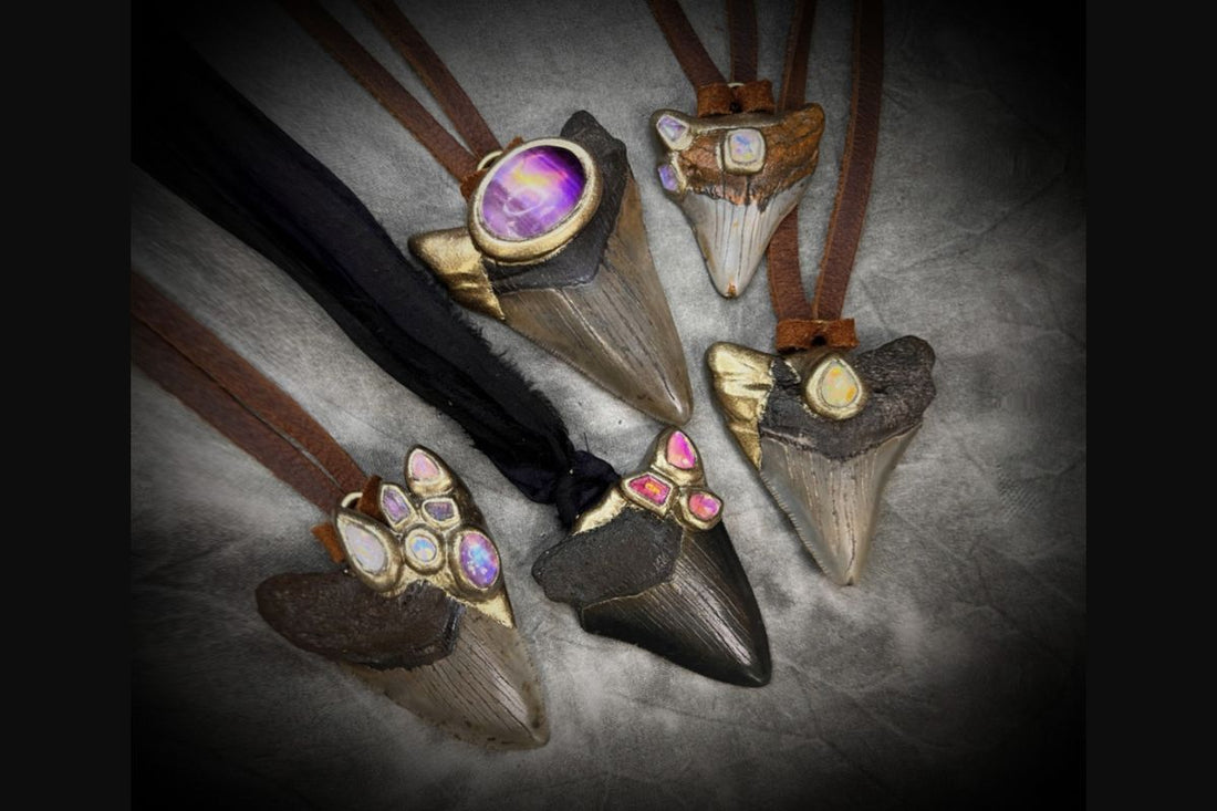 An array of Megalodon Fossil teeth artfully adorned with gemstones and crafted into wearable art jewelry
