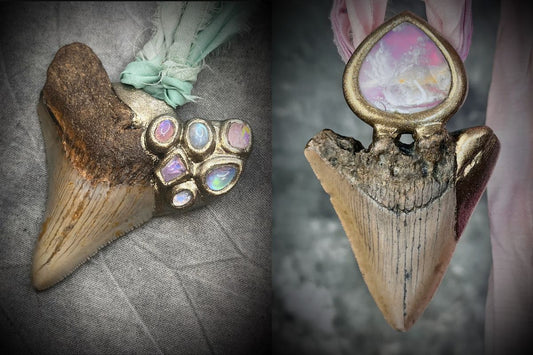 Two genuine Maryland Megalodon Shark fossil teeth adorned with gemstones and made into jewelry by Baltimore Artist Become Spellbound