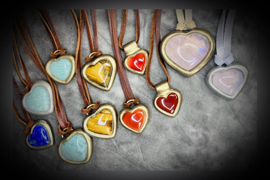 Colorful crystal heart jewelry necklaces in different types of gemstones for blog: The Meaning of Heart Crystal Jewelry: Symbolism, Healing Energy, and Connection