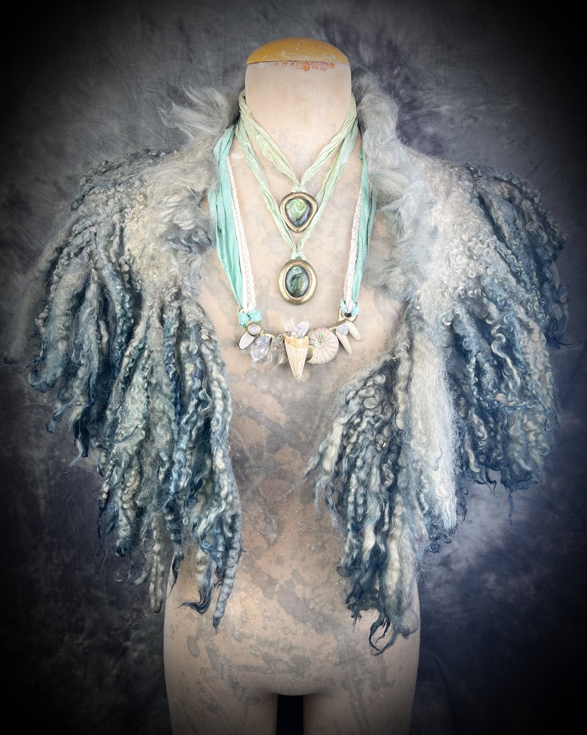 Labradorite crystal healing handmade friendship necklaces or bag charm, recycled silk pendant accessory. Best jewelry for travel or festival, summer jewelry.  