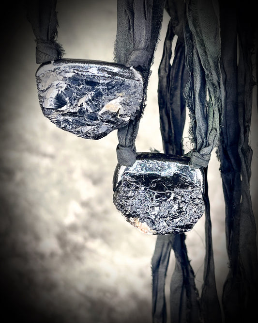 Black Tourmaline grounding and protection talisman, perfect Mothers Day Gift or everyday talisman for emf protection and magic, hung from black recycled silk for ecofriendly dark luxury. 