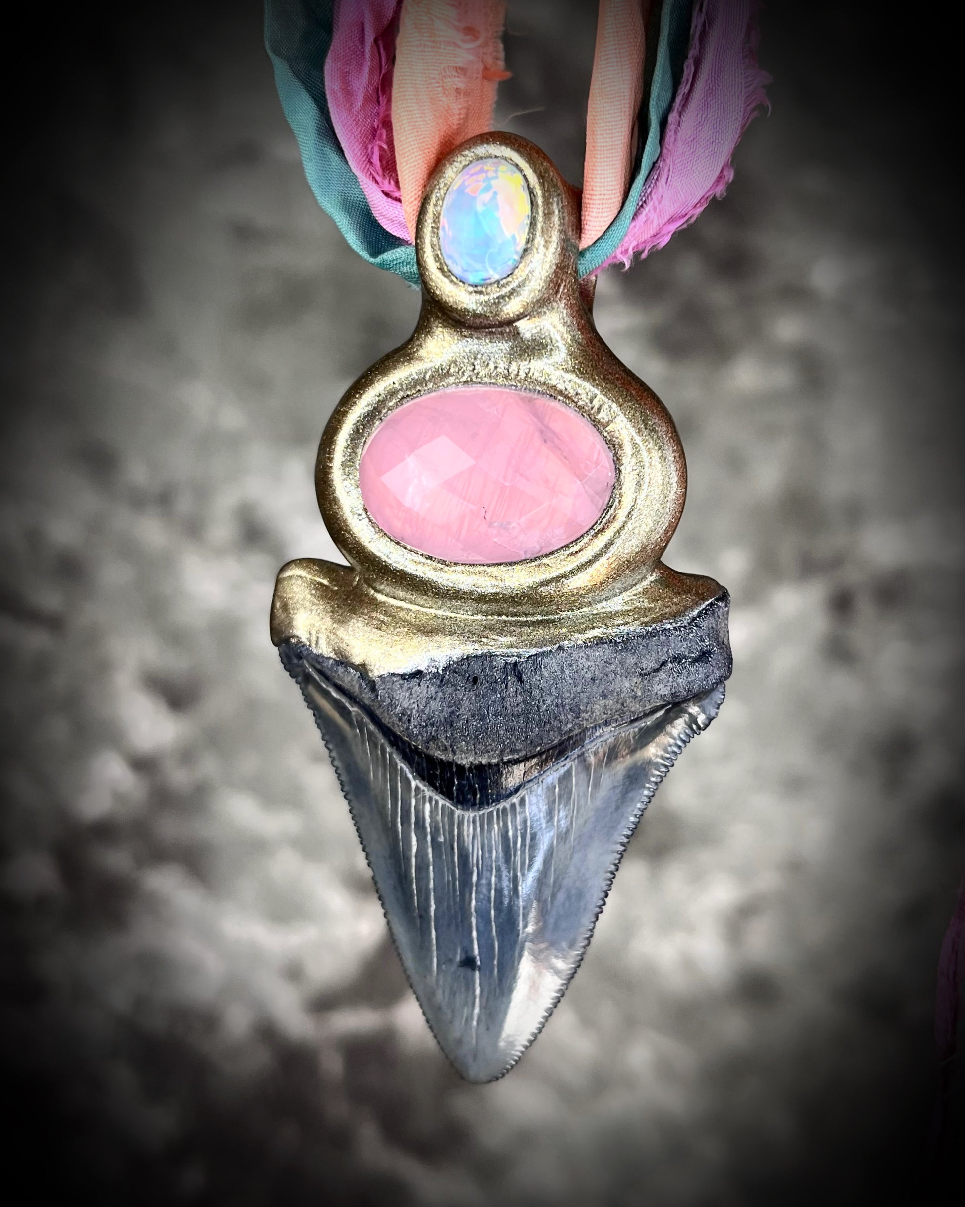 Megalodon fossil handmade necklace featuring rose quartz and a sparkling opal!  Best jewelry in Baltimore, one-of-a-kind fossil and gemstone jewelry and unique gift for her!