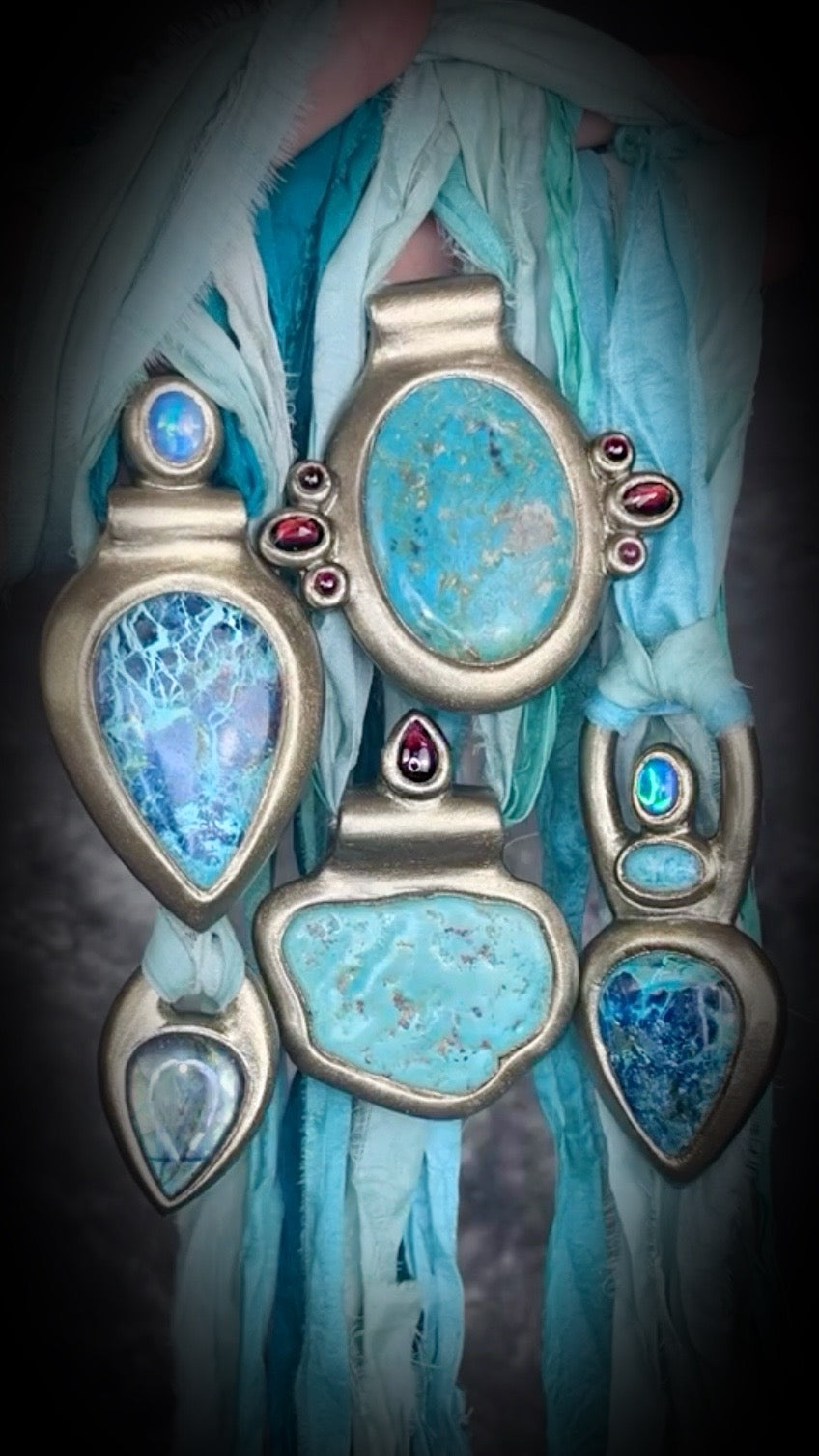 Turquoise and Garnet Regal chunky gold Necklace Crystal Healing Pendant gift for her. Handmade in the USA and hung from recycled silk for an eco-friendly elegance.