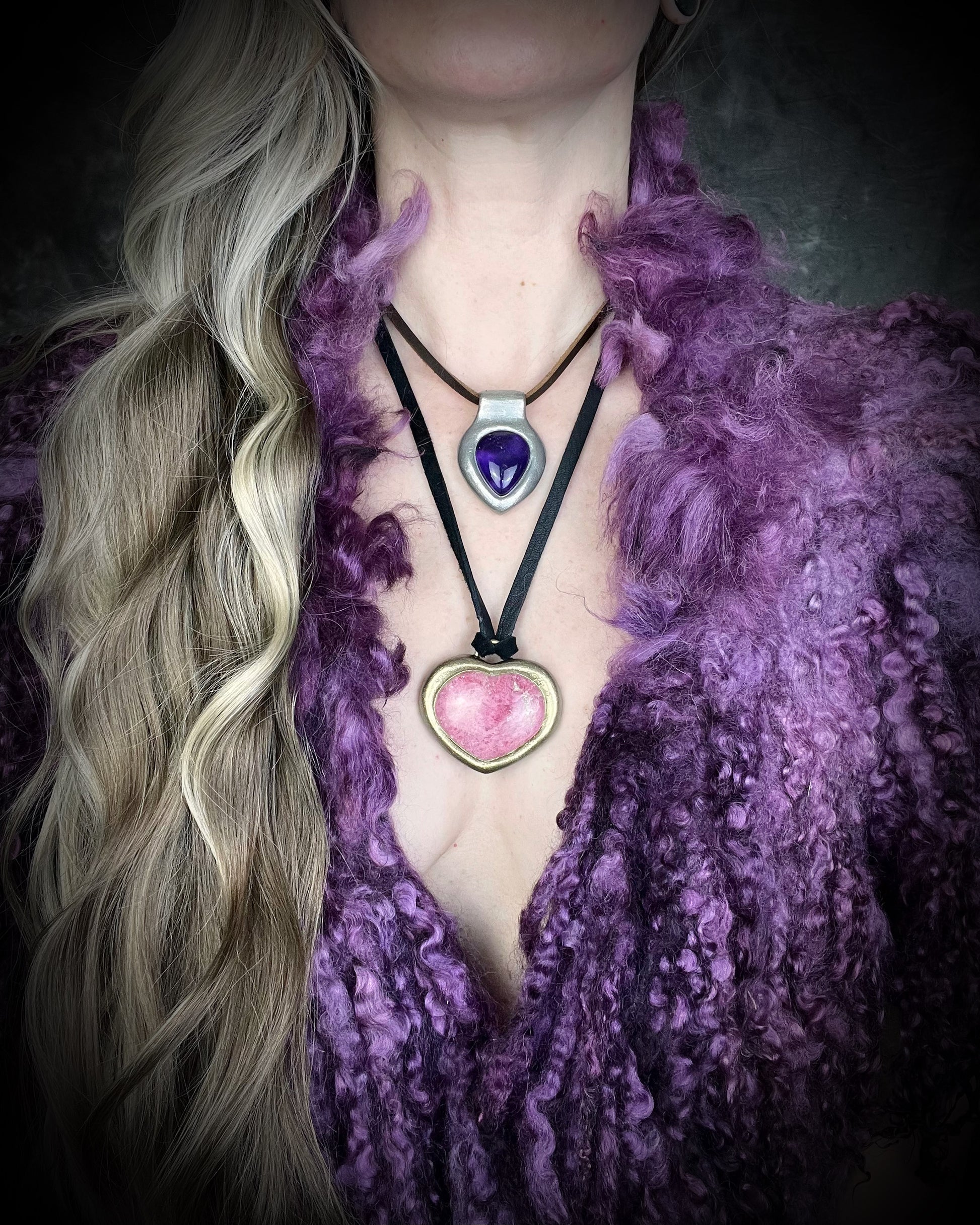 Enchanting amethyst crystal teardrop silver pendant hung from soft organic brown leather. Mystical and spiritual handmade gift jewelry for her. Birthstone jewelry for her. Aquarius gift necklace. 