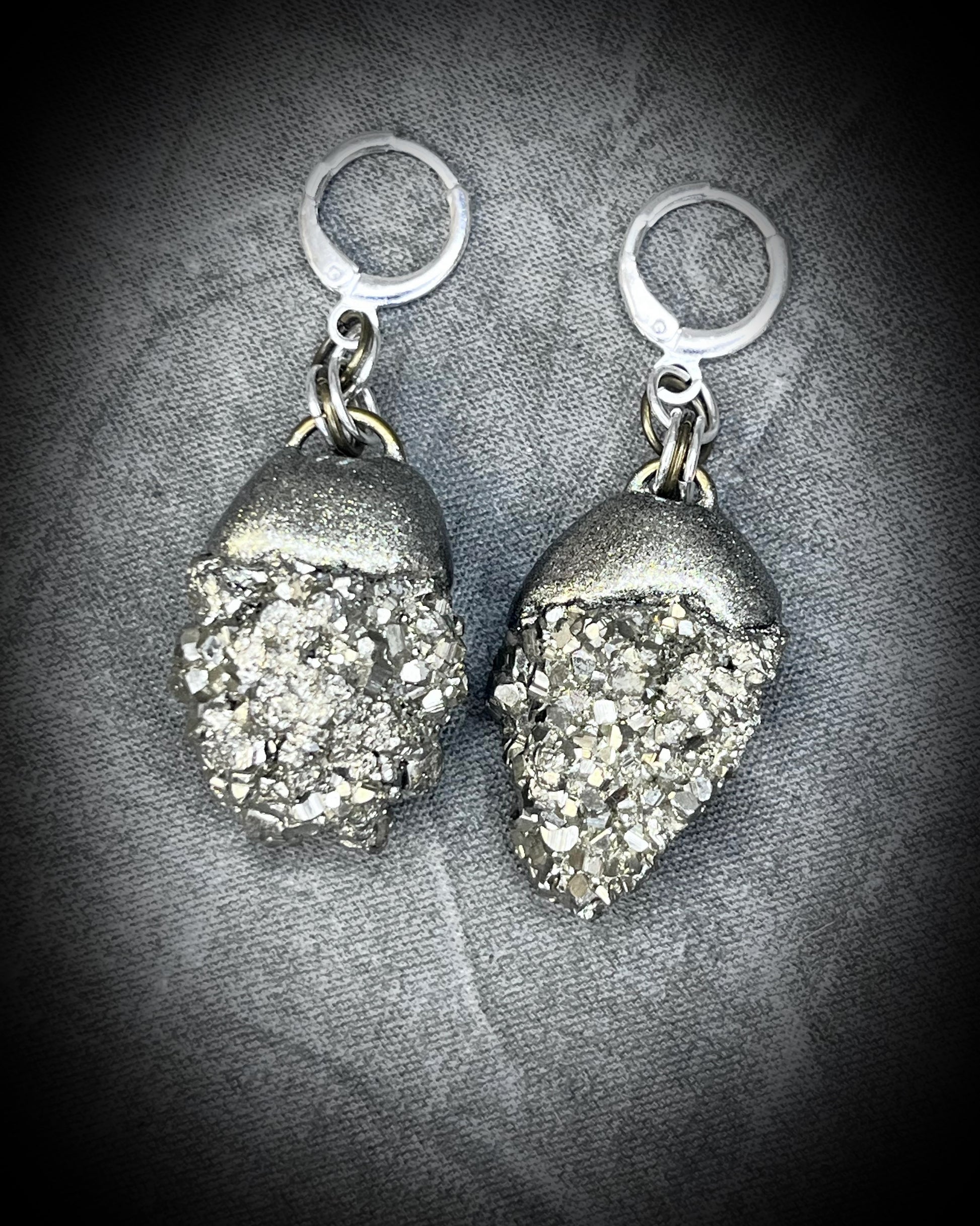 Large Sterling silver dangle earrings, handmade pyrite crystal gemstone earrings, holiday gift for her, made in the USA. 