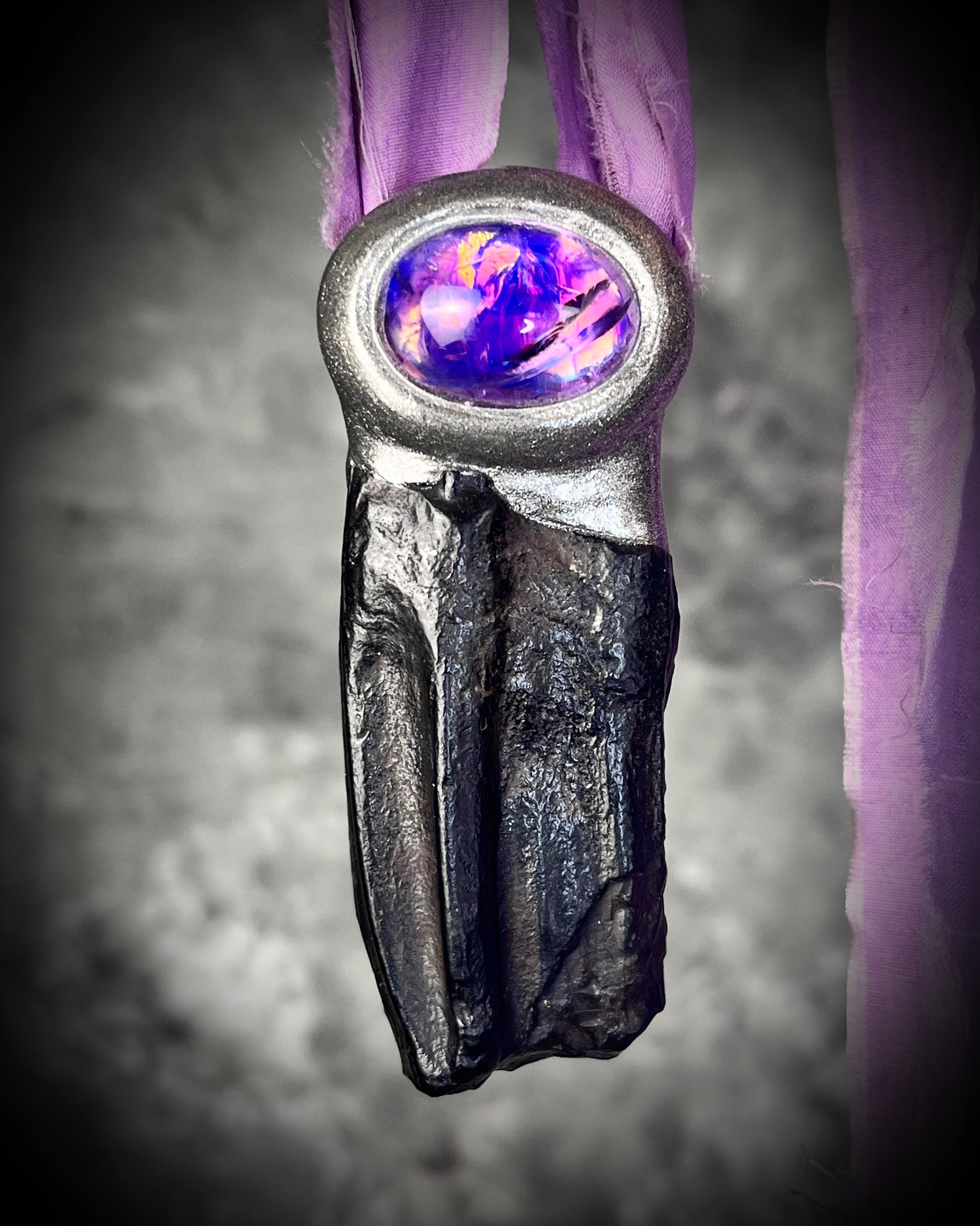 Equus Fossil Horse Tooth necklace. Year of the Horse necklace talisman with amethyst birthstone crystal. Handmade amethyst pendant, best valentines gift for her. Recycled silk jewelry. 