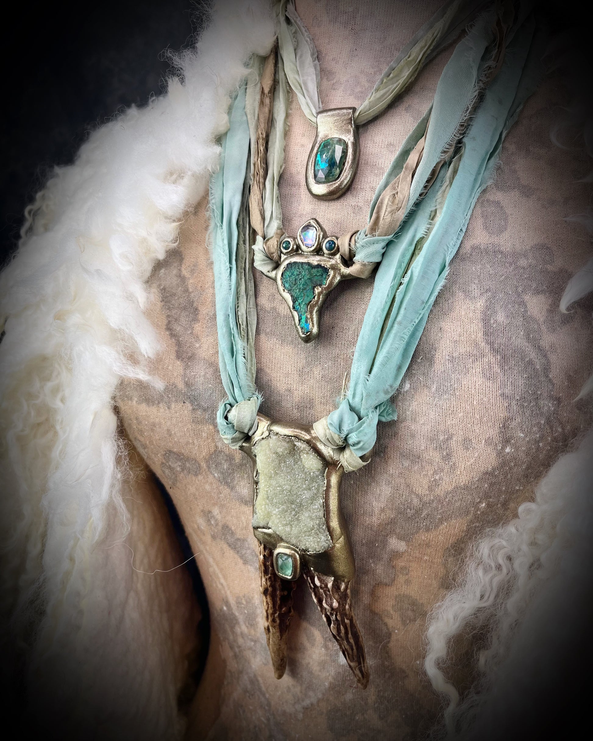 Green kyanite gemstone faceted crystal healing heart chakra pendant on recycled silk.  Best travel jewelry for summer, festival or wedding!