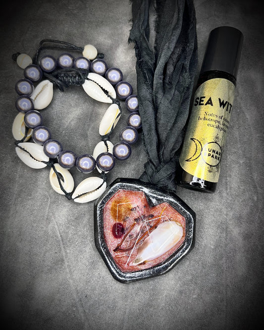 SEA WITCH _ SALT KISSED CORAL: Sea Witches & Sirens Collection by Become Spellbound x Lunar Spark Shop, Gift Set with Scented Roller Oil and Bracelet Stack