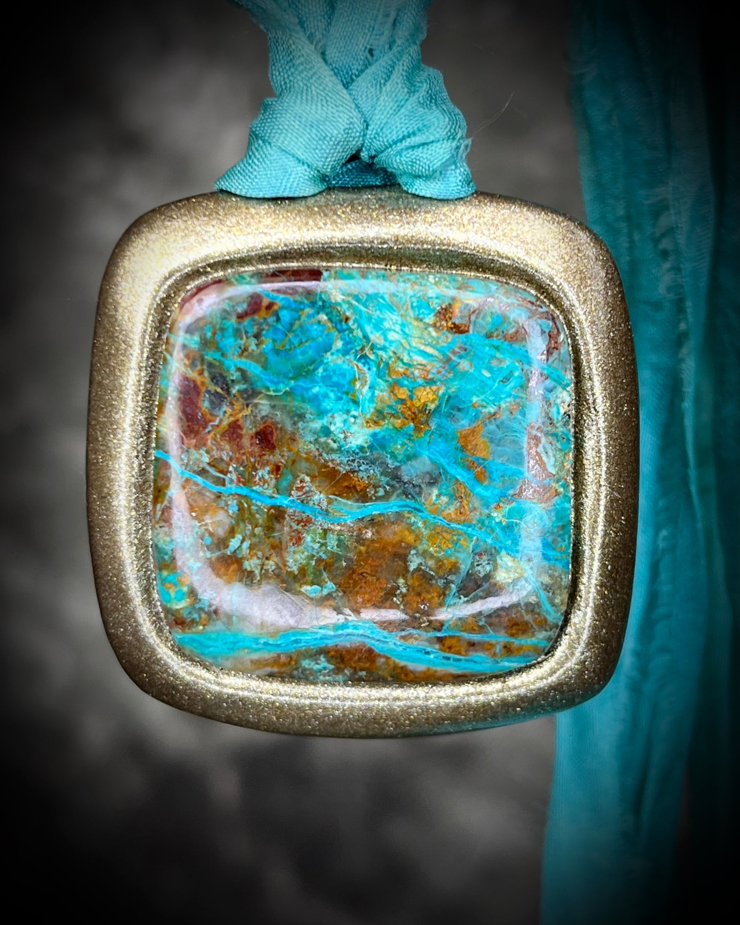 Chrysocolla Handmade Gold Finish Pendant for Intuition and Calm - Soft Turquoise Recycled Silk Necklace for Her