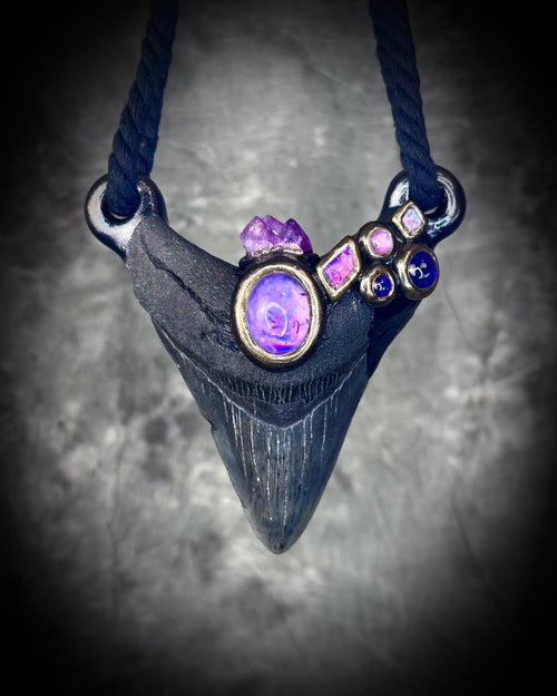 Megalodon Tooth with Amethyst Rubellite Tourmaline, Moonstone and Lavender Spinel Talisman