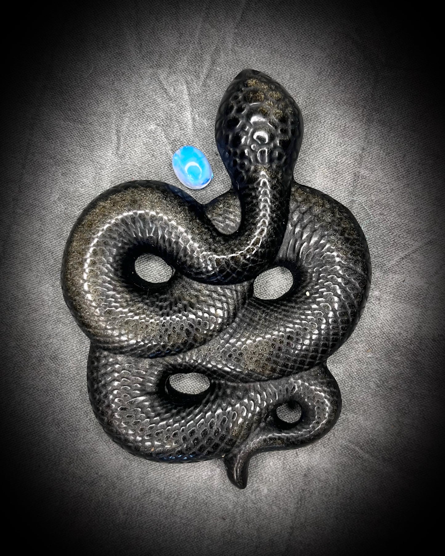 2025 Year of the Snake Crystal Healing Obsidian Talisman featuring Moonstone. Handmade New Year gemstone talisman for New Year Resolutions and Manifestation.