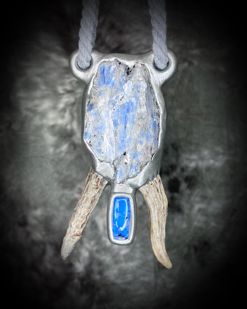 Antler with Blue Kyanite and Moonstone Talisman