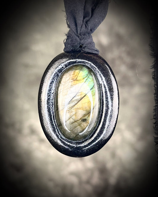Labradorite crystal healing handmade friendship necklaces or bag charm, recycled silk pendant accessory. Best jewelry for travel or festival, summer jewelry.  