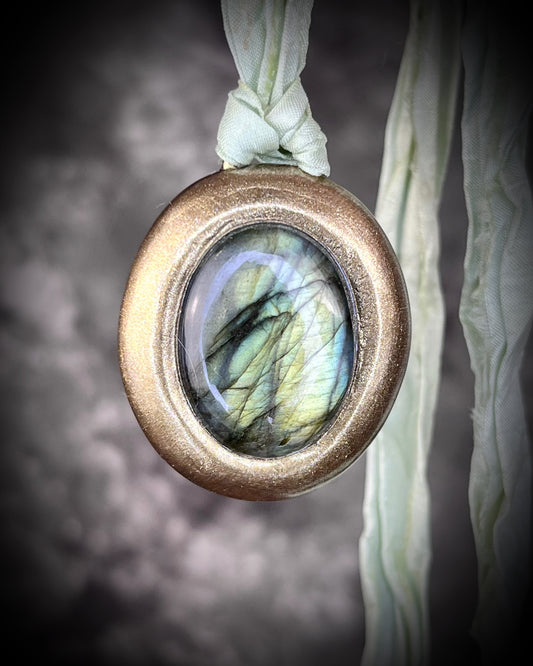 Labradorite crystal healing handmade friendship necklaces or bag charm, recycled silk pendant accessory. Best jewelry for travel or festival, summer jewelry.  