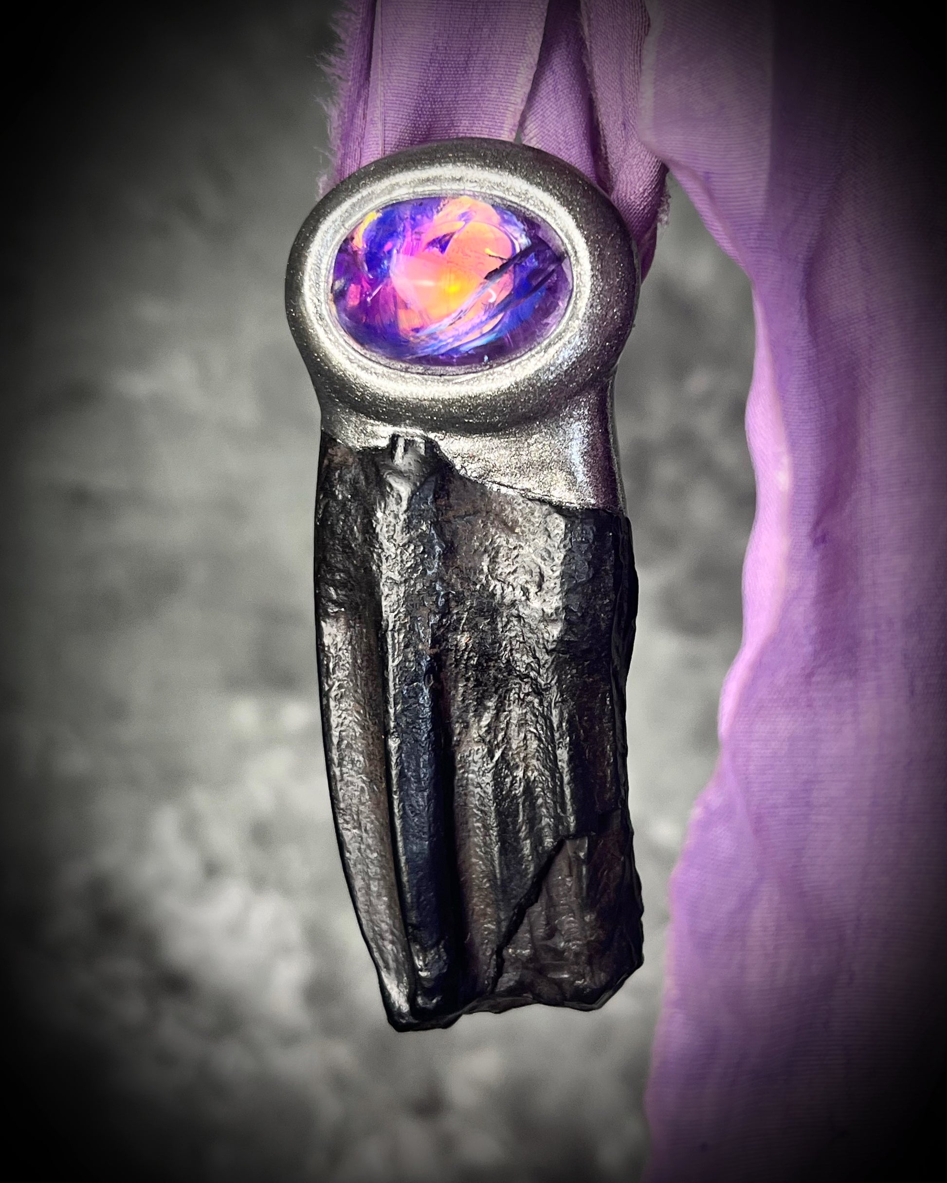 Equus Fossil Horse Tooth necklace. Year of the Horse necklace talisman with amethyst birthstone crystal. Handmade amethyst pendant, best valentines gift for her. Recycled silk jewelry. 