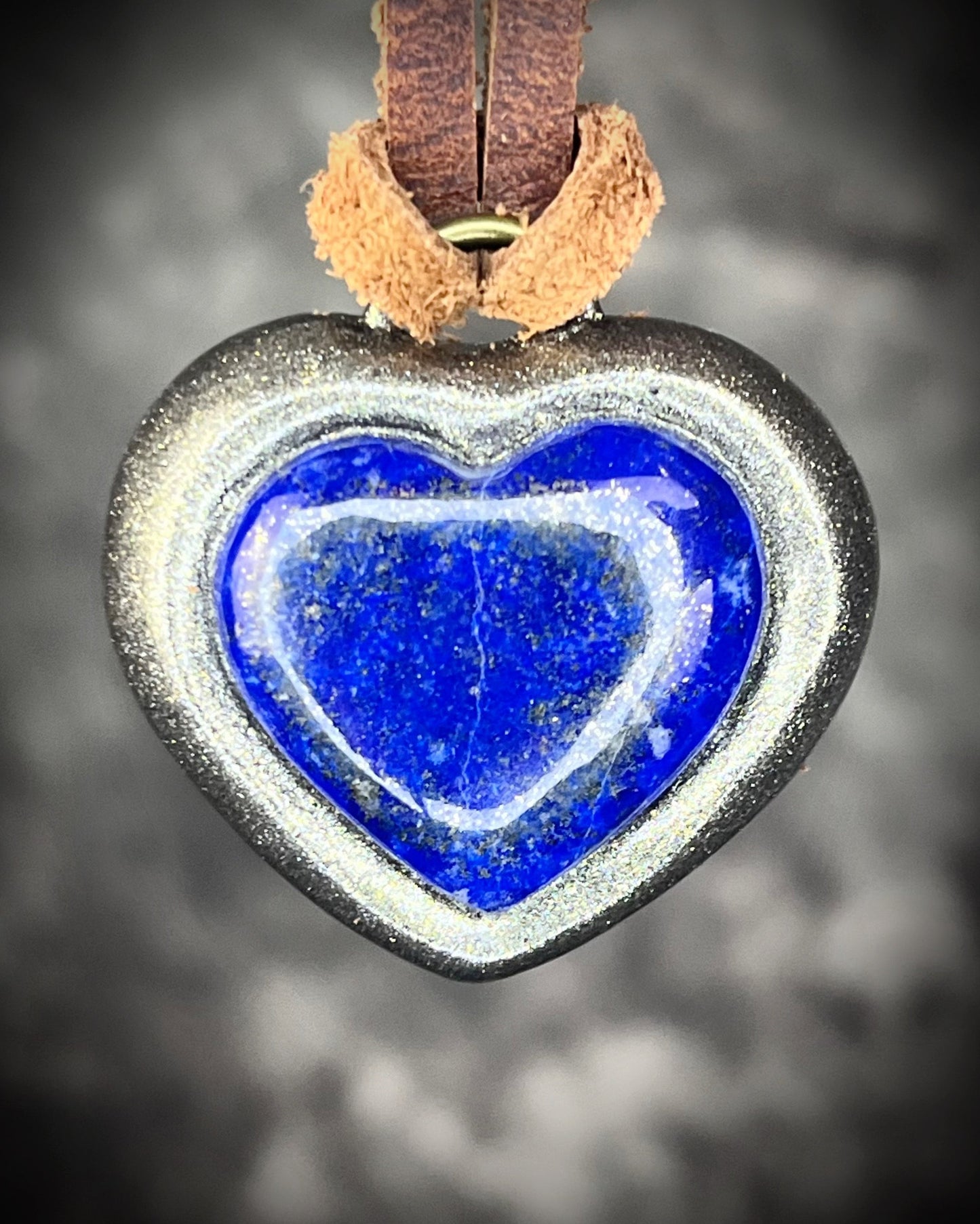 Lapis Lazuli Crystal Vision Heart Pendant on Brown Leather, Gold Finish Holiday Gift for Her