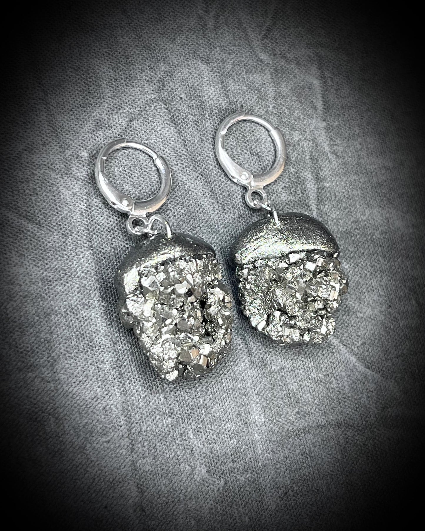Medium Sterling silver dangle earrings, handmade pyrite crystal gemstone earrings, holiday gift for her, made in the USA. 