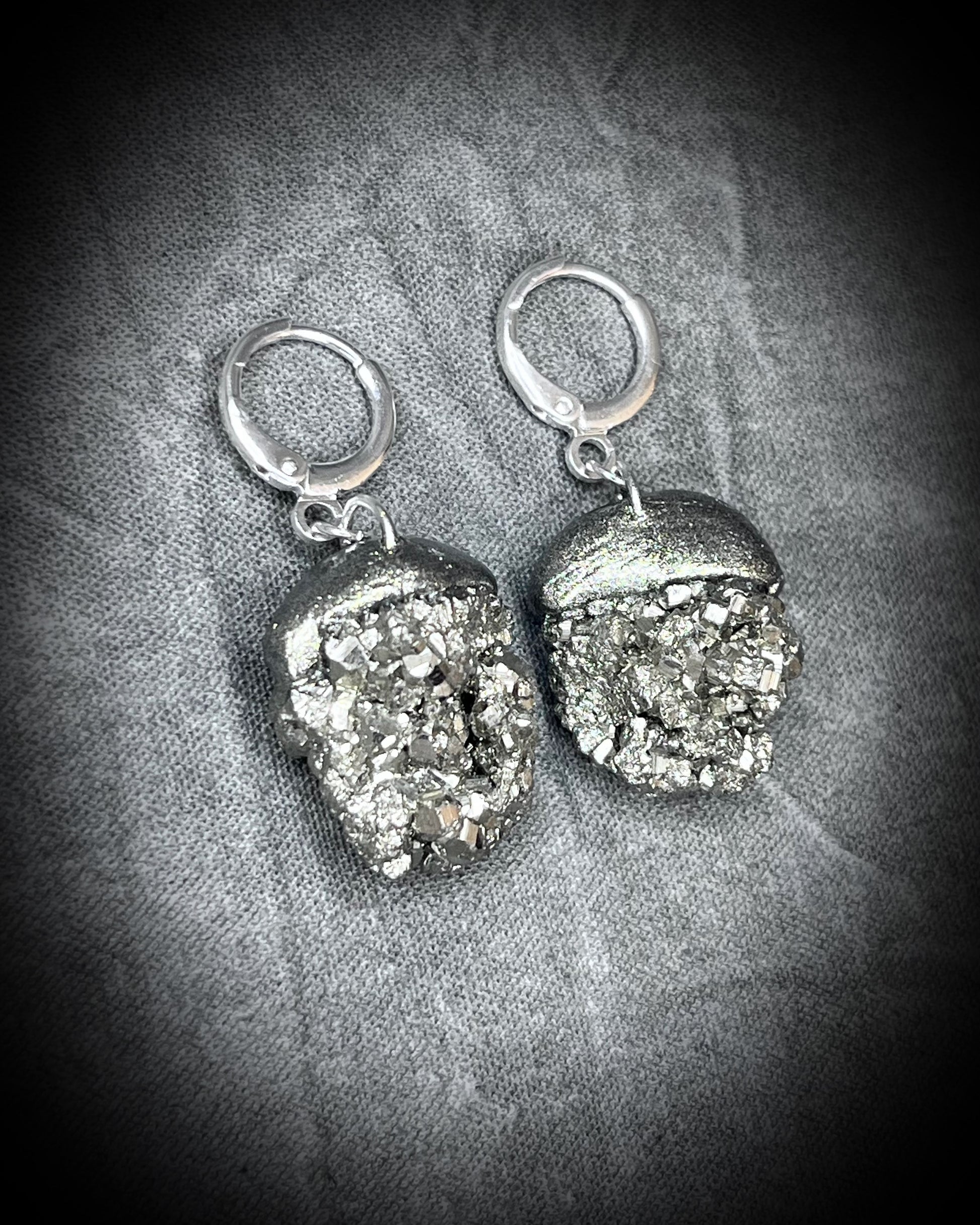 Medium Sterling silver dangle earrings, handmade pyrite crystal gemstone earrings, holiday gift for her, made in the USA. 