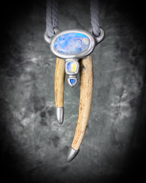 Antler with Rainbow Moonstone, Dochroic Glass and Blue Kyanite Talisman