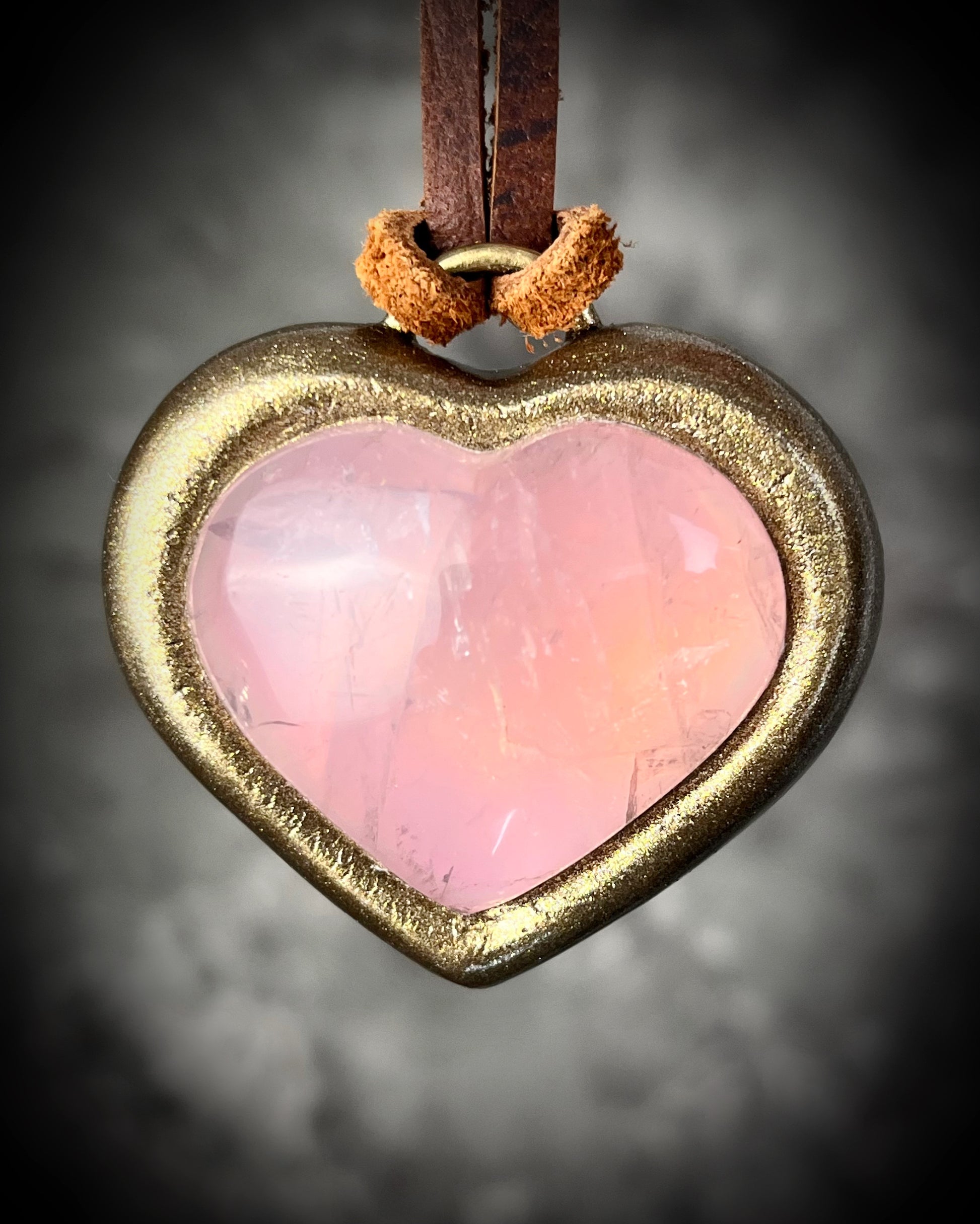 Rose Quartz crystal heart pendant necklace in gold finish on soft brown leather cord — romantic handmade crystal jewelry gift for her. 