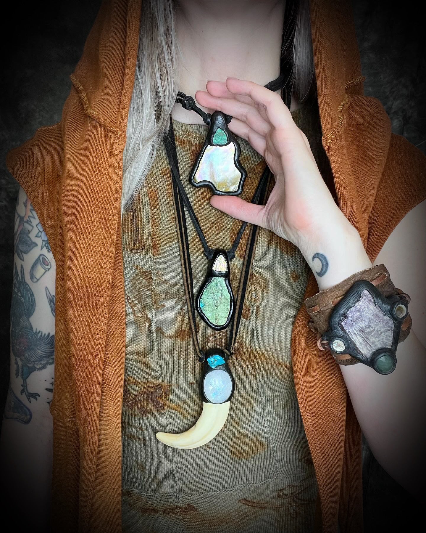 Origin Collection𓁿 Moonstone with Turquoise and Organic Tusk Talisman