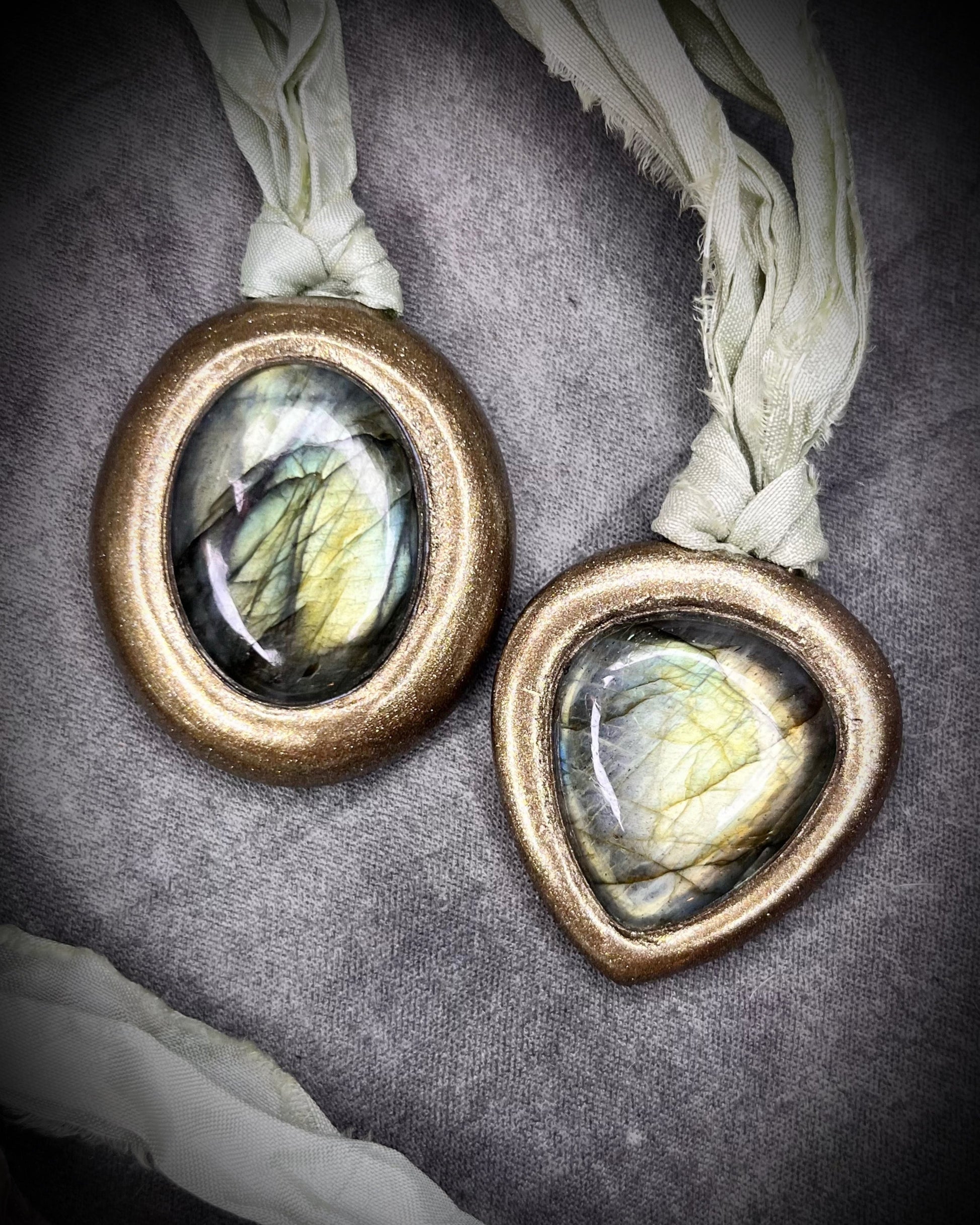 Labradorite crystal healing handmade friendship necklaces or bag charm, recycled silk pendant accessory. Best jewelry for travel or festival, summer jewelry.  