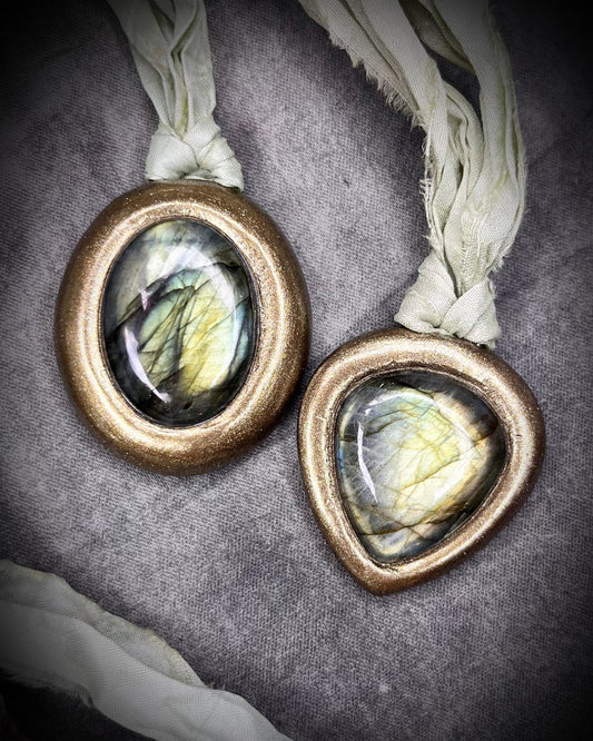 Labradorite crystal healing handmade friendship necklaces or bag charm, recycled silk pendant accessory. Best jewelry for travel or festival, summer jewelry.  