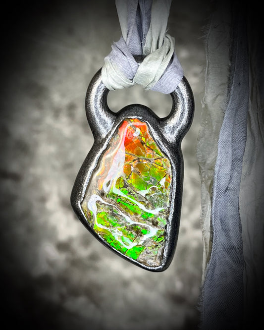 Ammolite pendant on silver recycled silks in a gunmetal silver finish.  Handmade ammolite jewelry gift for her.  