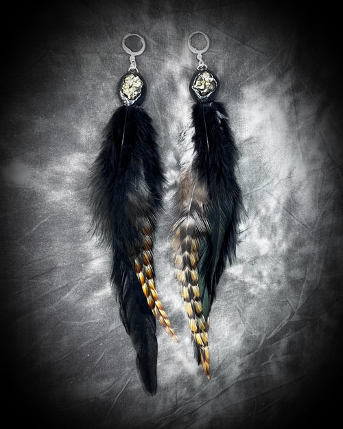 Feather and Pyrite Sterling Silver Earrings