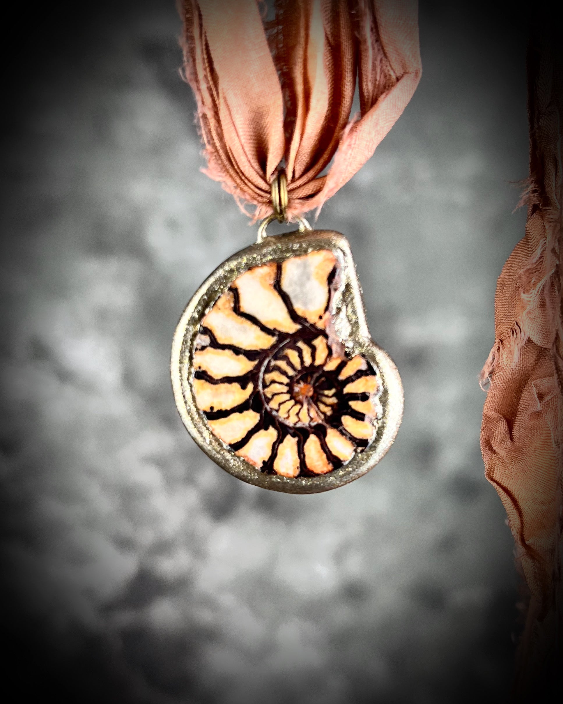 Handmade best friends fossil ammonite necklaces, matching pair ammolite charms, recycled silk sustainable bag or besties charms.  