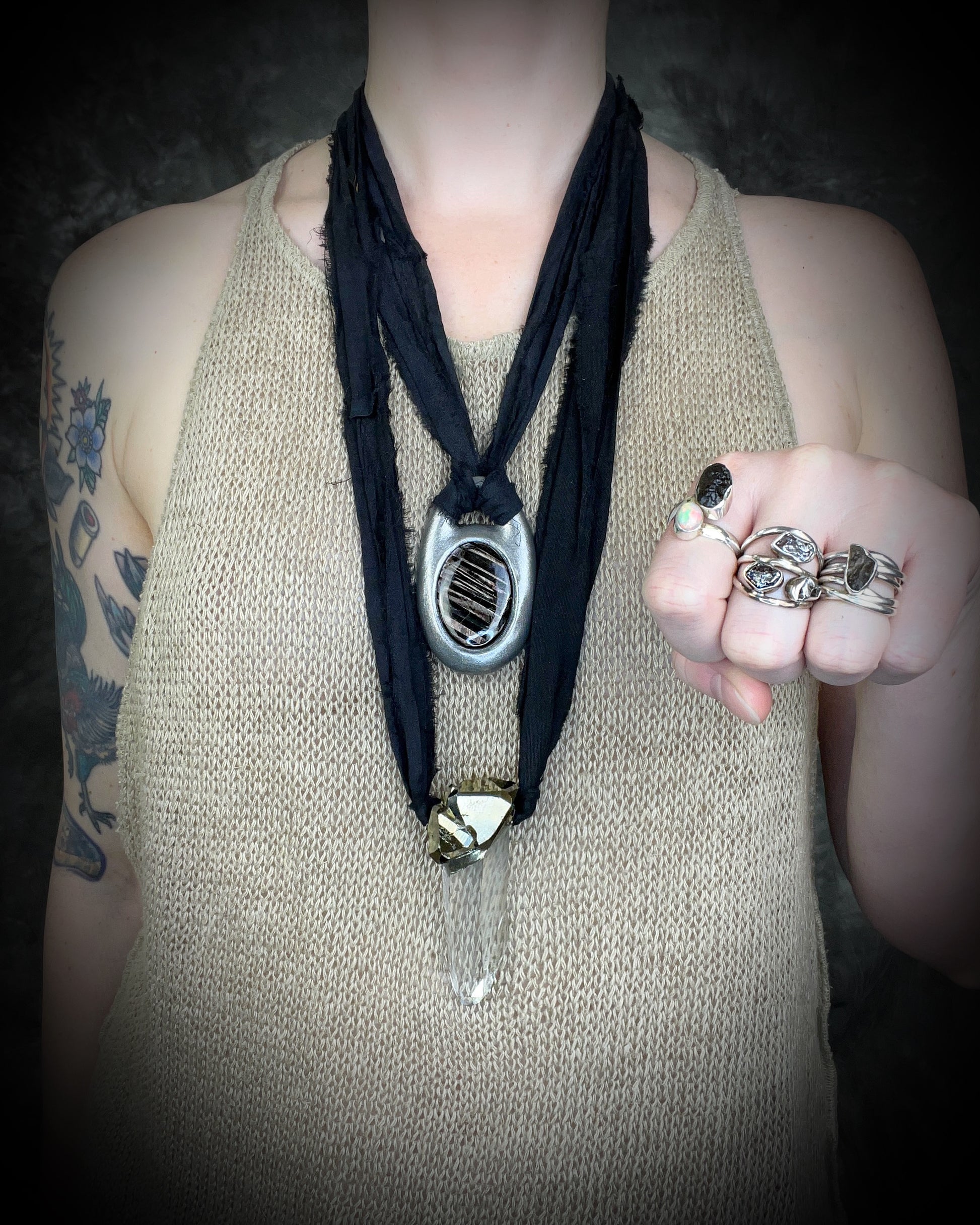 Hypersthene intuition boosting crystal healing talisman.  Handmade in the USA on recycled silk for a sustainable elegance.  Perfect for manifestation and meditation. Silver chunky jewelry gift for her.