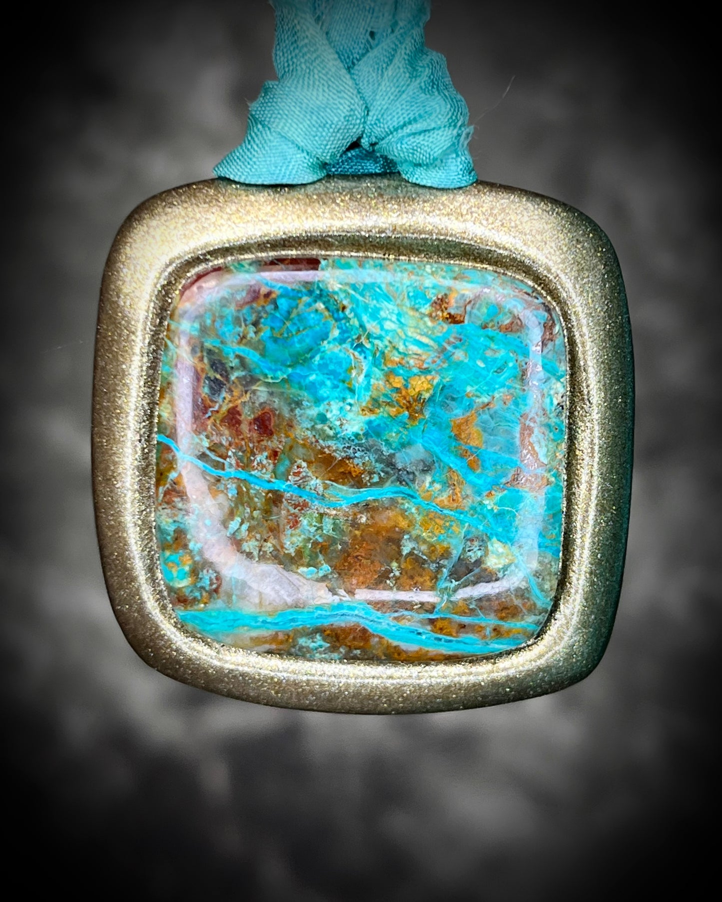 Chrysocolla Handmade Gold Finish Pendant for Intuition and Calm - Soft Turquoise Recycled Silk Necklace for Her