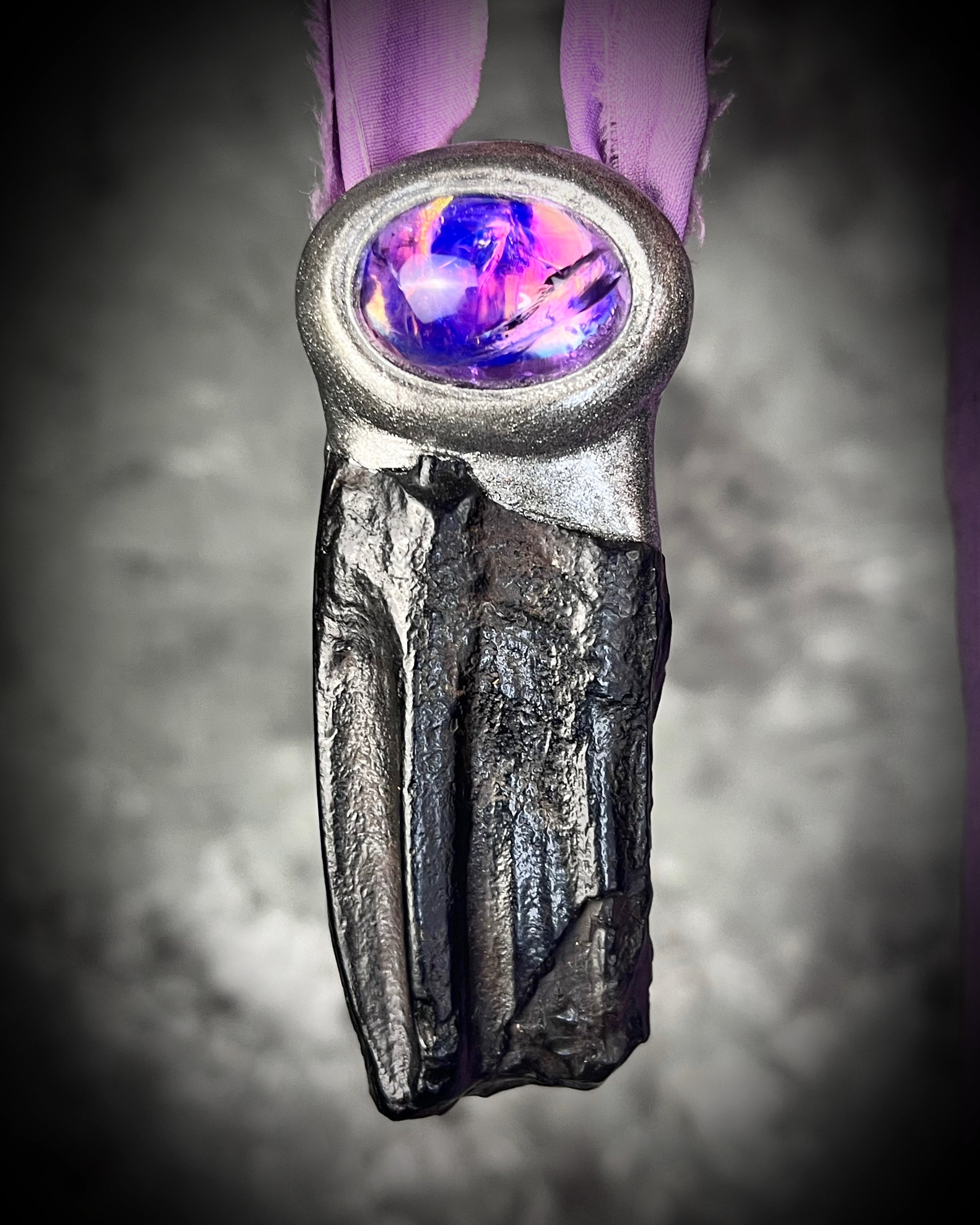 Equus Fossil Horse Tooth necklace. Year of the Horse necklace talisman with amethyst birthstone crystal. Handmade amethyst pendant, best valentines gift for her. Recycled silk jewelry. 