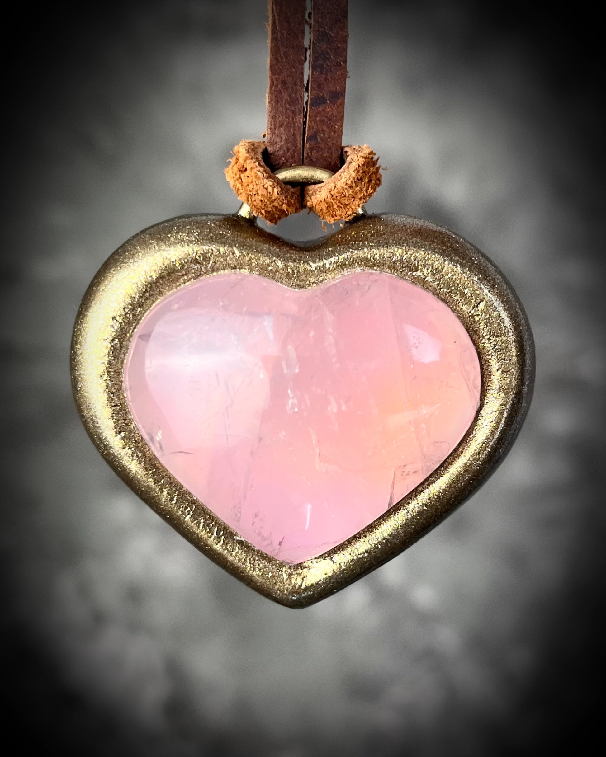 Rose Quartz crystal heart pendant necklace in gold finish on soft brown leather cord — romantic handmade crystal jewelry gift for her. 