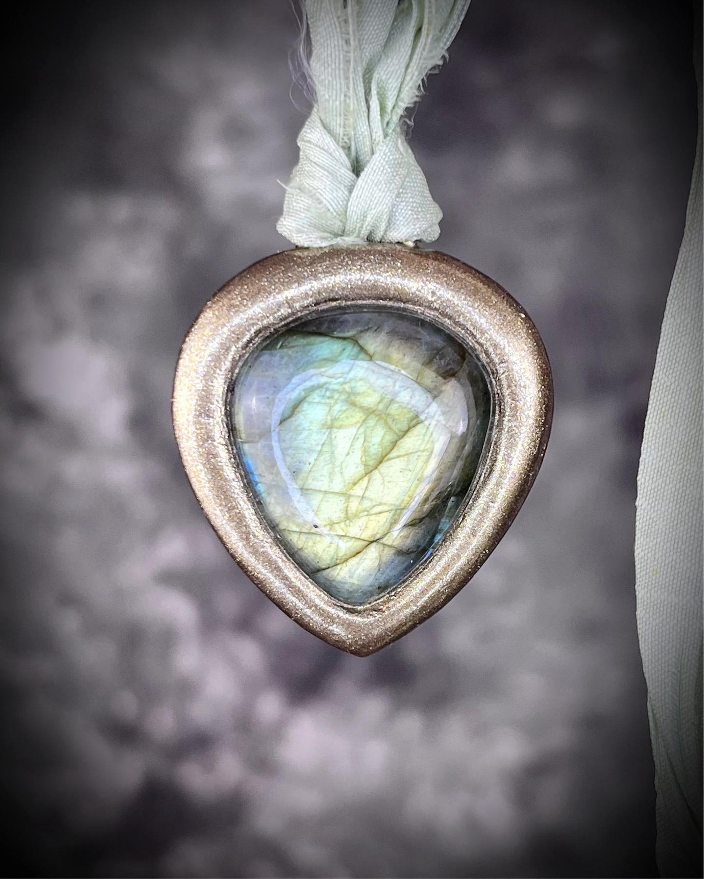 Glowing Labradorite Gemstone Handmade Crystal Healing Talisman or Bag Charm with Recycled Silk