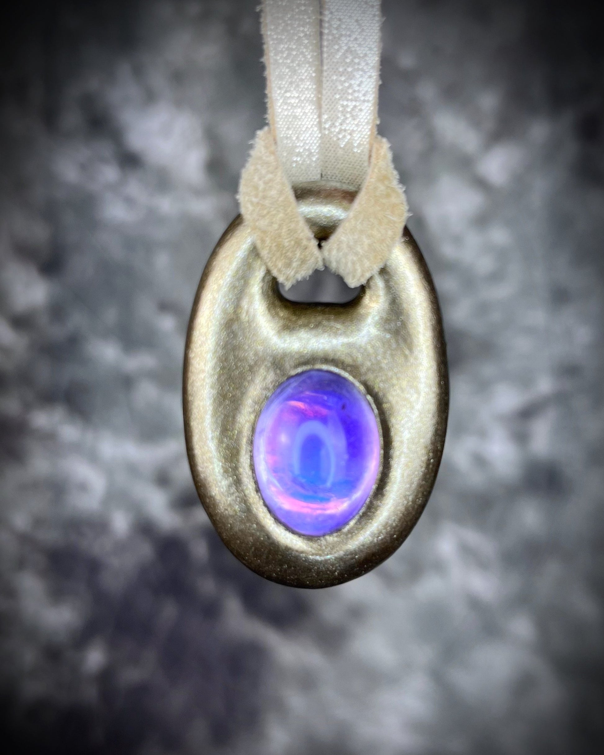 Oval handmade designer amethyst birthstone or bridal necklace for February and Aquarius, in gold finish on gold leather. 