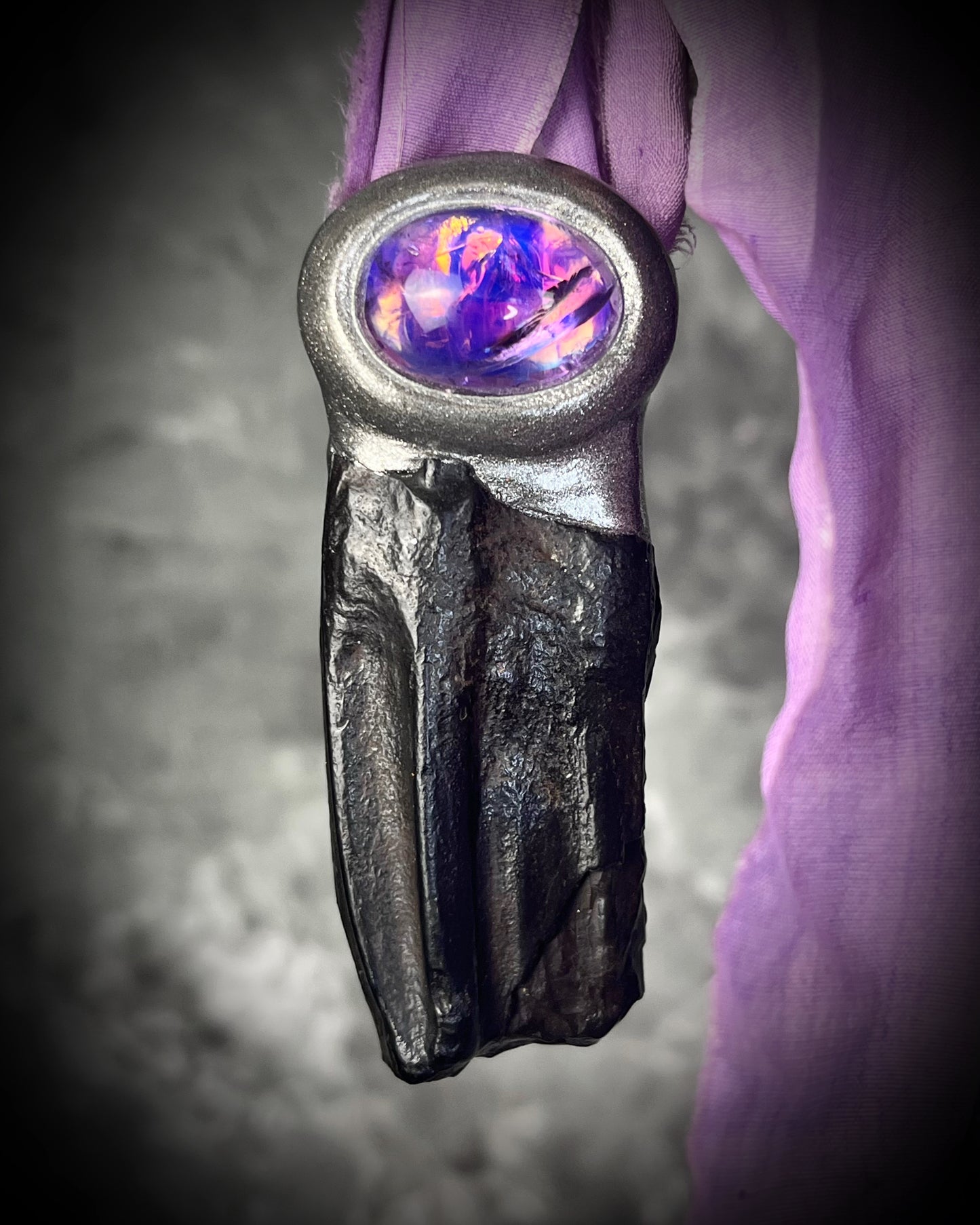 Equus Fossil Horse Tooth necklace. Year of the Horse necklace talisman with amethyst birthstone crystal. Handmade amethyst pendant, best valentines gift for her. Recycled silk jewelry. 