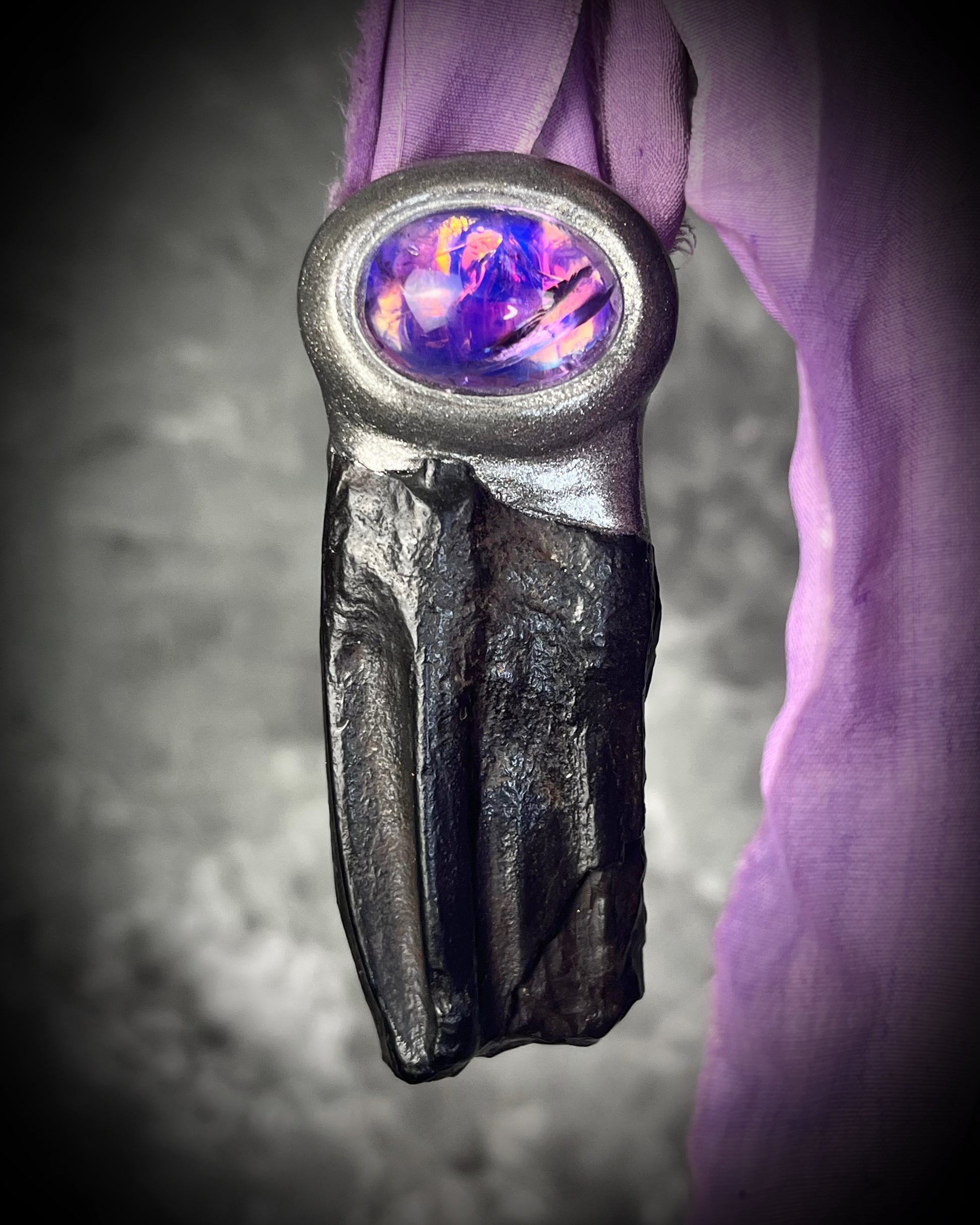 Equus Fossil Horse Tooth necklace. Year of the Horse necklace talisman with amethyst birthstone crystal. Handmade amethyst pendant, best valentines gift for her. Recycled silk jewelry. 