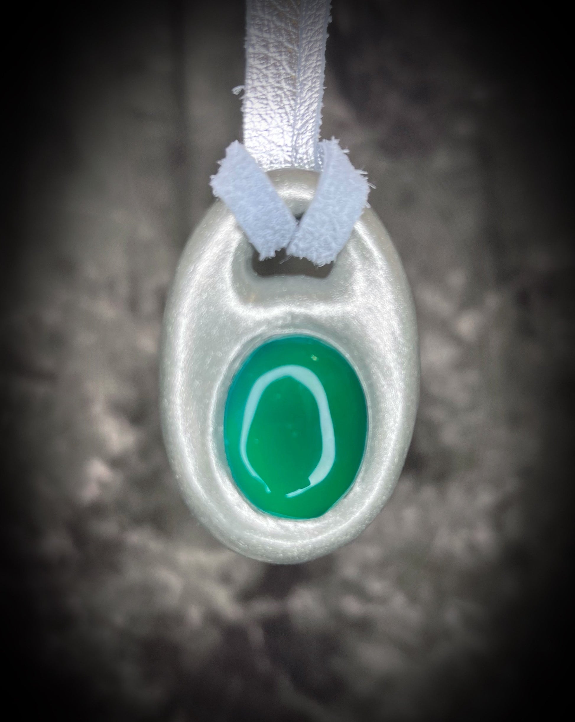 Green Onyx handmade silver necklace on recycled silk for heart chakra healing and luck.
