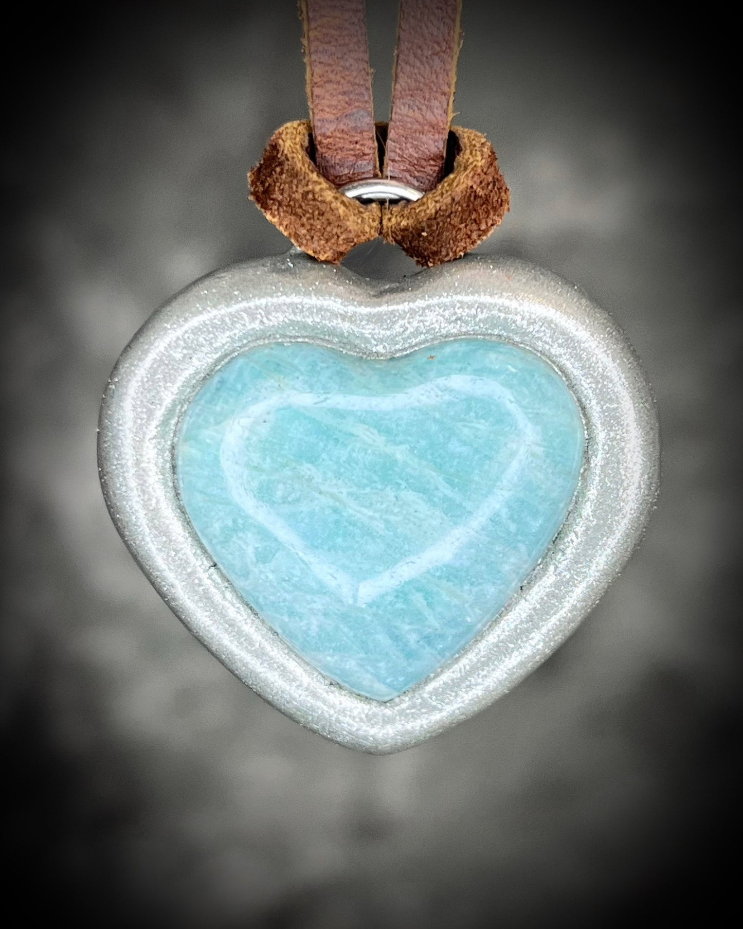 Amazonite Crystal Truth Heart Pendant — Gold or Silver Finish on Brown Leather for Truth, Intuition and Dreamwork